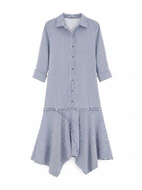 Striped Asymmetrical Shirt Dress - Blue/White